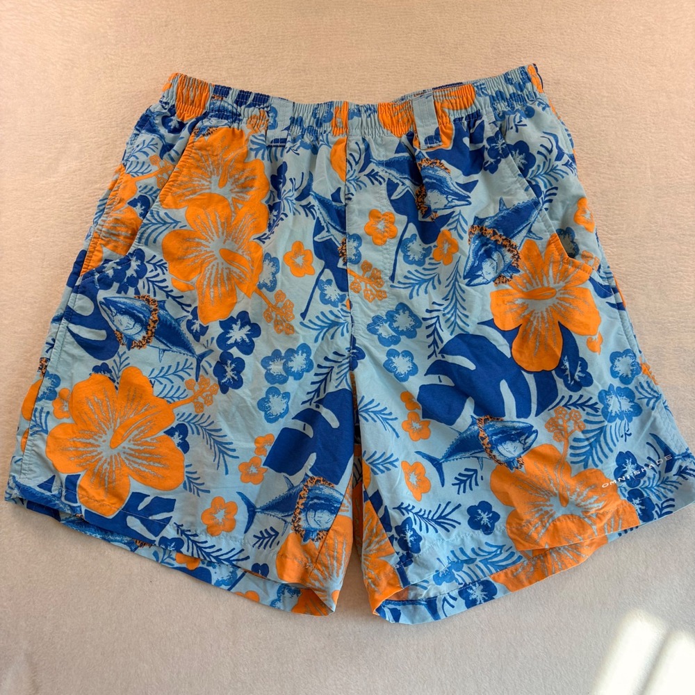 Columbia PFG Mens Blue Orange Floral Fish Swim Trunks Shorts Small FM1107